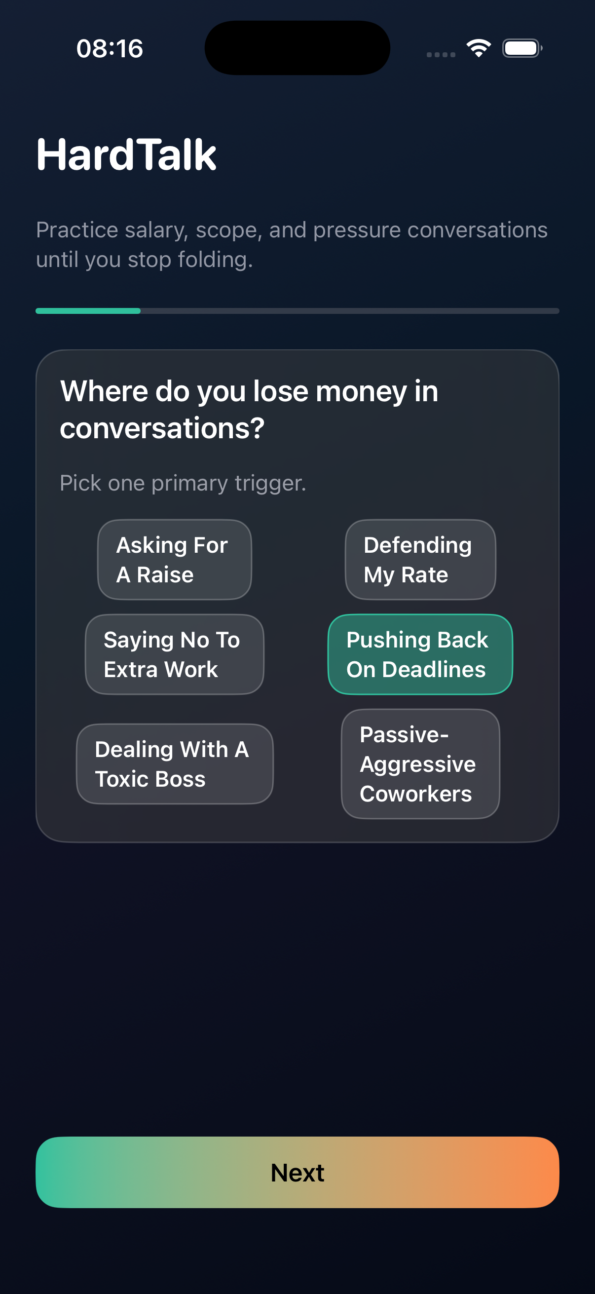Screen asking where the user loses money in conversations.