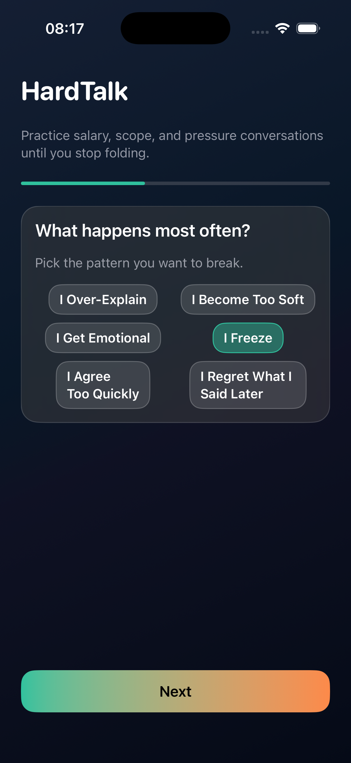 Screen asking what happens most often, including over-explaining, freezing, or becoming too soft.
