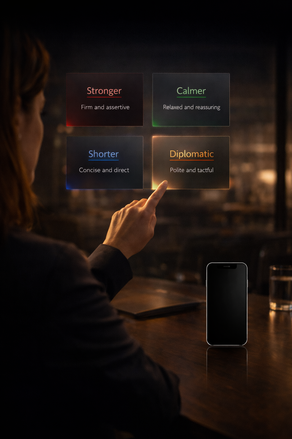 Hard Talk visual showing rewrite modes: stronger, calmer, shorter, and diplomatic.