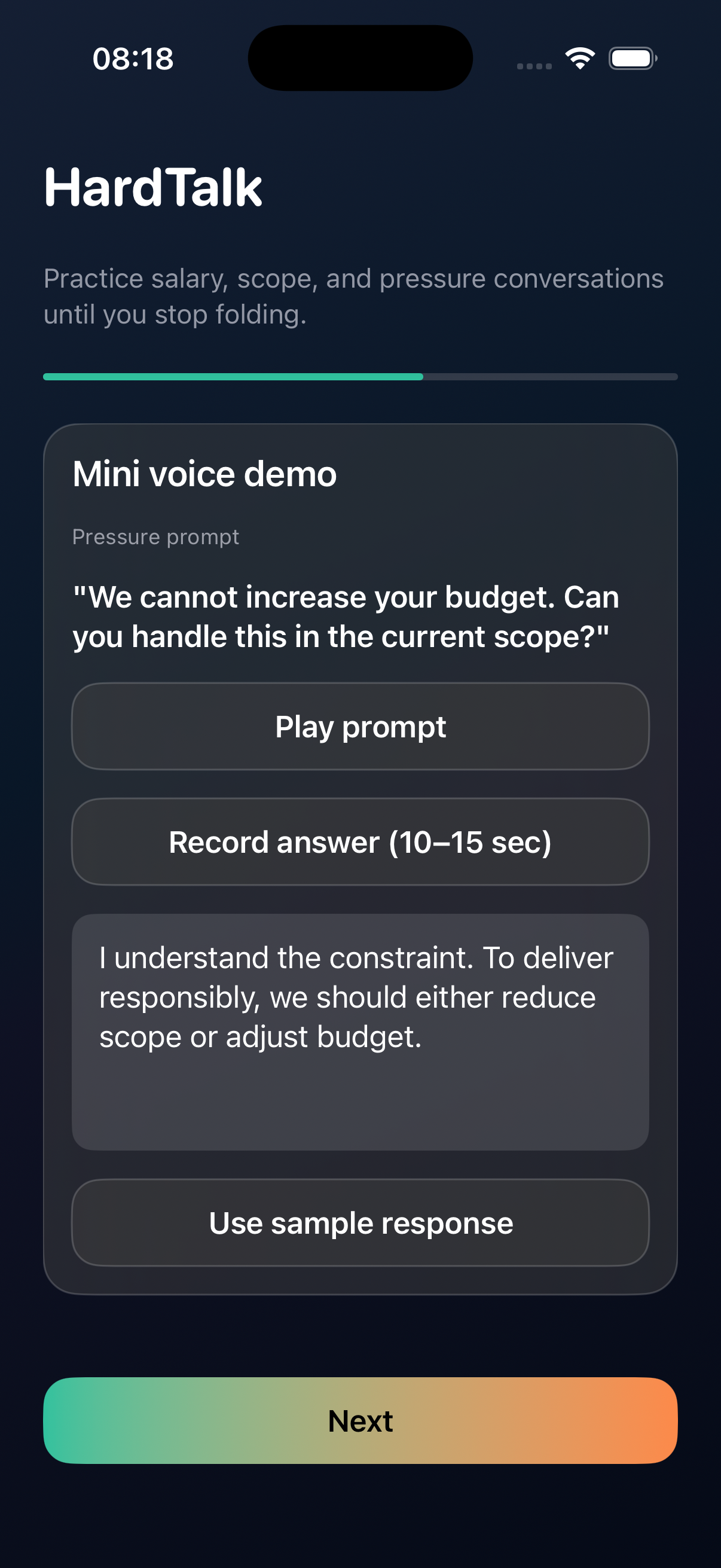 Mini voice demo screen with a pressure prompt and answer recording step.